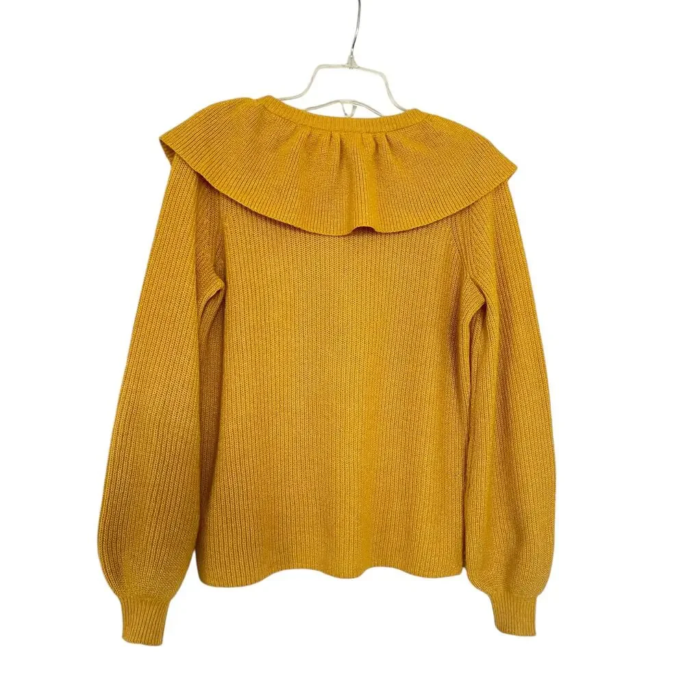 Boden Frill Collar Mustard Yellow Button Front Long Sleeve Sweater Size 4